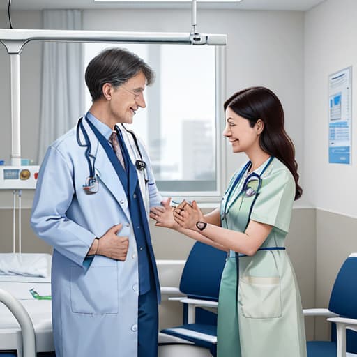  The poster focuses on shaping harmonious medical relationships, showing respect, trust and love between doctors and patients. At the center of the picture are a doctor and a patient, smiling and communicating with each other. The doctor stands beside the patient, gently placing his hand on the patient's shoulder, conveying warmth and comfort. The patient sits in a chair, relaxed and natural, feeling the doctor's care and professionalism. The background of the picture presents a warm and harmonious medical environment. The beds in the ward are neat and clean, and the slogan "Give me a trust, give you a health" hangs on the wall. The scenery outside the window is a picture of nurses helping other patients walk outside, giving peop