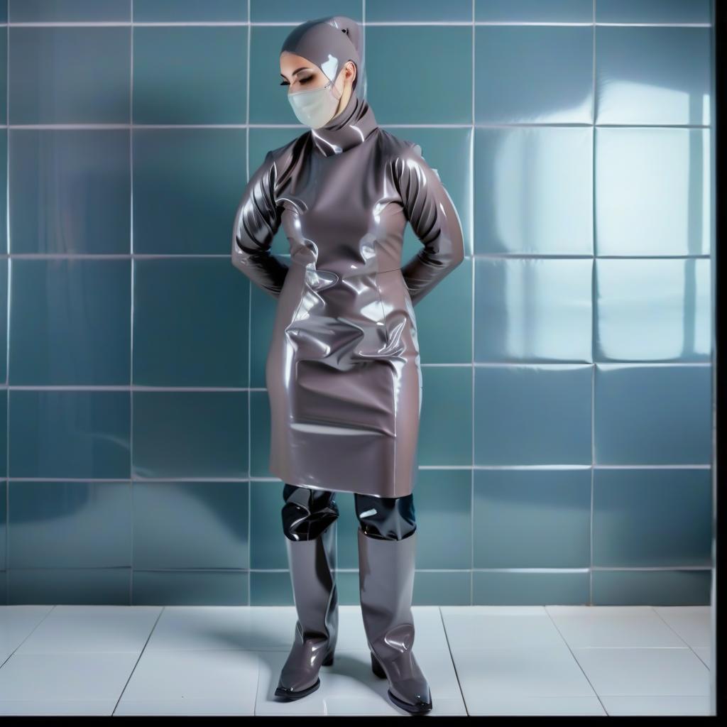  "(Overly detailed), (a standing lone surgeon woman) in (shiny latex: 1.2) (dark green: 1.3) and (dark blue: 1.3), (full length: 1.2), (front view: 1.2), (three quarters view: 1.2), stands alone in the gowning room of the operating theatre against a tiled wall, nobody else is there. • Detailed description: (colors and details of the surgeon's outfit, only available in a two tone version: • shiny latex • dark green and dark blue, • no other colors). • Surgical attire: (shiny latex. Surgical gown of a straight cut: 1.3), (fits around the waist: 1.3), (knee length: 1.3), (closed neck: 1.3), (no pockets: 1.3), (elastic pleats at the waist: 1.3), (long sleeves of shiny latex: 1.3), (cuffs on elastic bands: 1.3), (shiny latex surgeon's hyperrealistic, full body, detailed clothing, highly detailed, cinematic lighting, stunningly beautiful, intricate, sharp focus, f/1. 8, 85mm, (centered image composition), (professionally color graded), ((bright soft diffused light)), volumetric fog, trending on instagram, trending on tumblr, HDR 4K, 8K