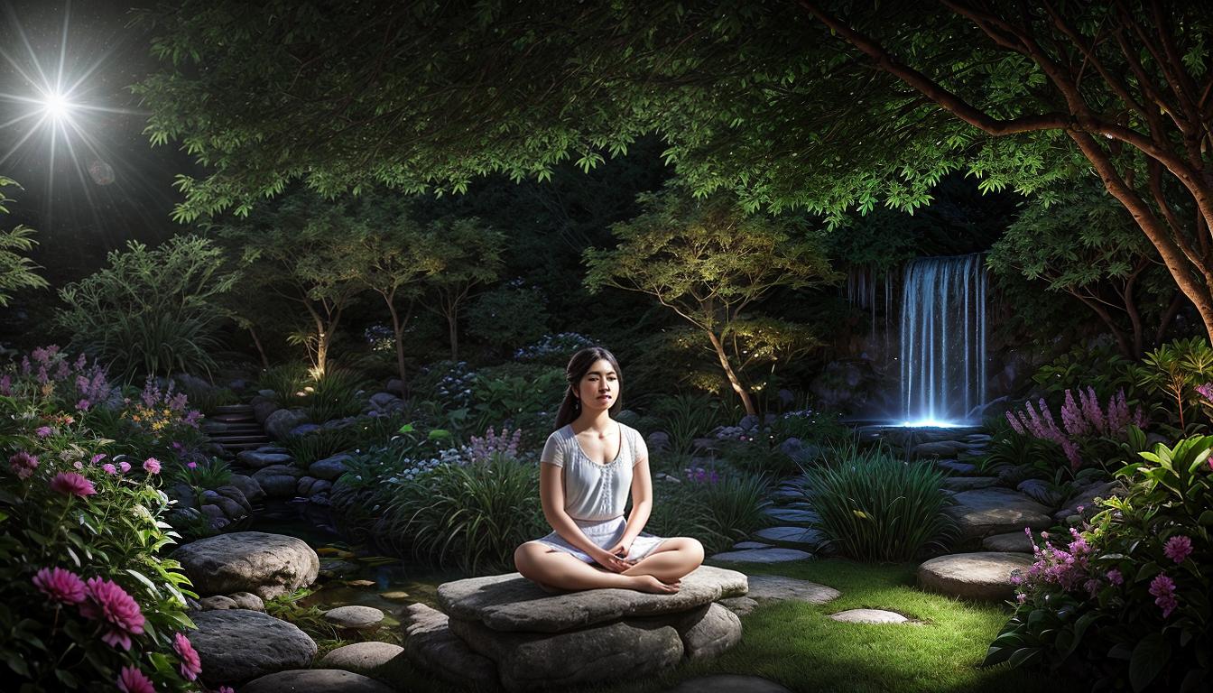  cinematic, aesthetic, Individual seated in a meditative pose, surrounded by a glowing aura, calm facial expression, tranquil garden backdrop with lush greenery, blooming flowers, Inner peace, serenity, 4k, HDR, lens flare