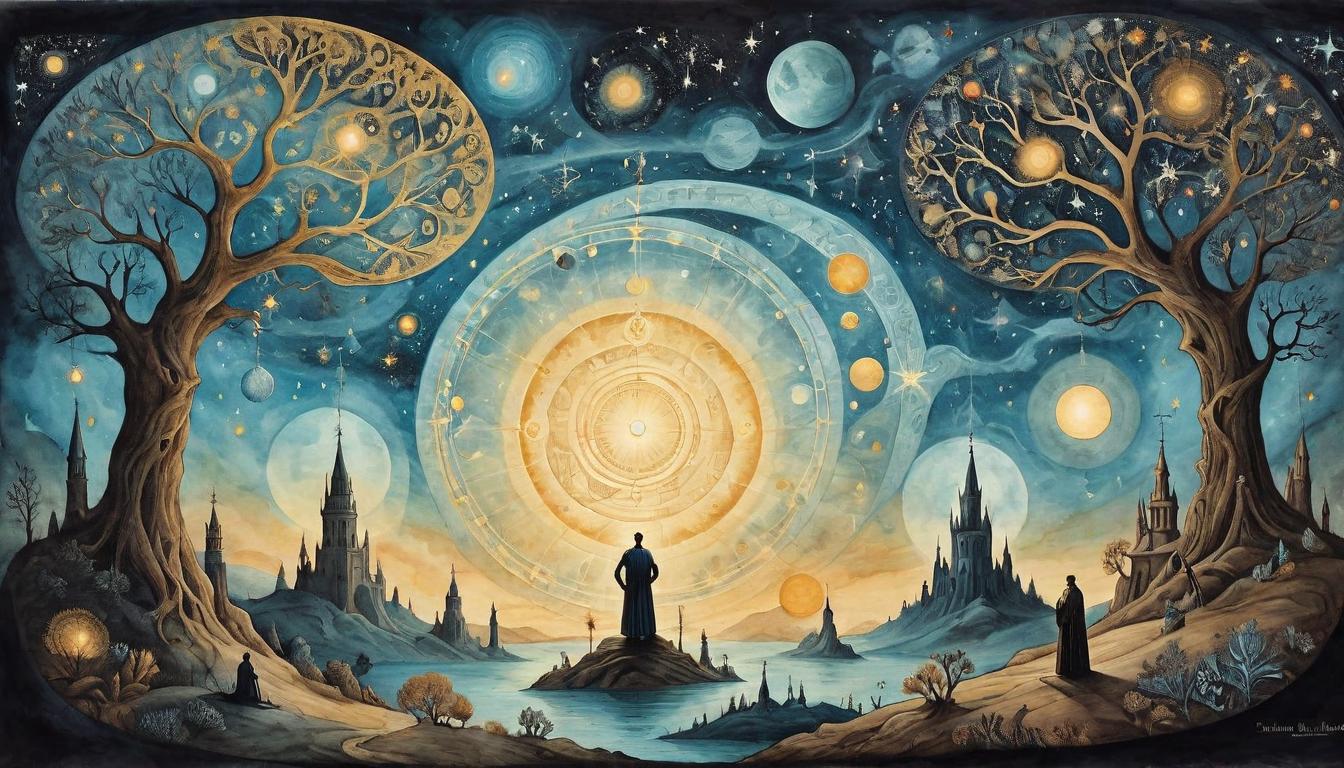  on parchment, surrealism+++, Interwoven silhouettes against a cosmic backdrop, each light strand representing a bond, timeless connections, souls across dimensions, eternal unity(mysterious, provocative, symbolic,muted color)+++