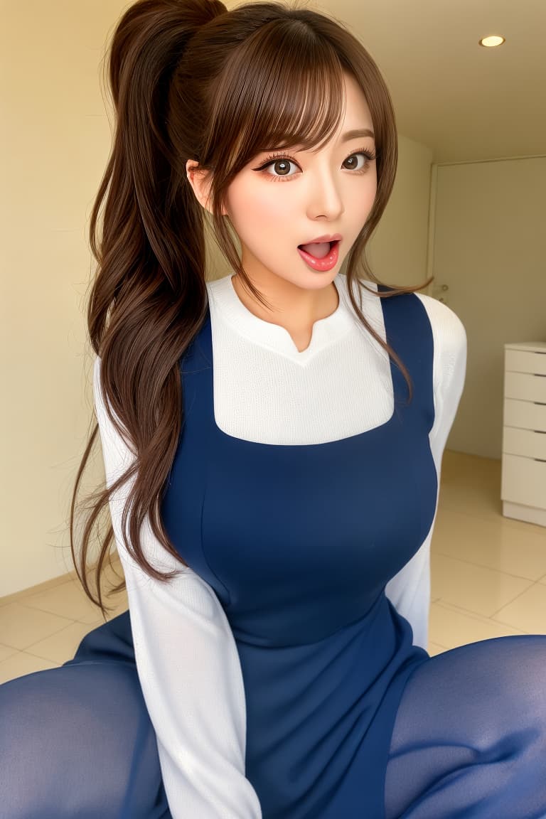  (masterpiece:1.3), (8k, photorealistic, RAW photo, best quality: 1.4), (realistic face), realistic eyes, (realistic skin), beautiful skin, (perfect body:1.3), (detailed body:1.2), ((((masterpiece)))), best quality, very_high_resolution, ultra-detailed, in-frame, Translator: 
"A beautiful Japanese woman who looks quite similar to Natsuko Tatsumi. 
Front view. 
Big slanted eyes with long eyelashes. 
Gyaru makeup. Ponytail. 
Mouth wide open in a scream (very long tongue out forward: 1.7). 
Tight-fitting navy dress  with a U-neckline. A  k of age. Amazingly large s. 
Reaching out. 
In the tiled room of a hotel, squatting with  open and measuring. 
Occupation is a neat and serious suit shop istant.", ultra 