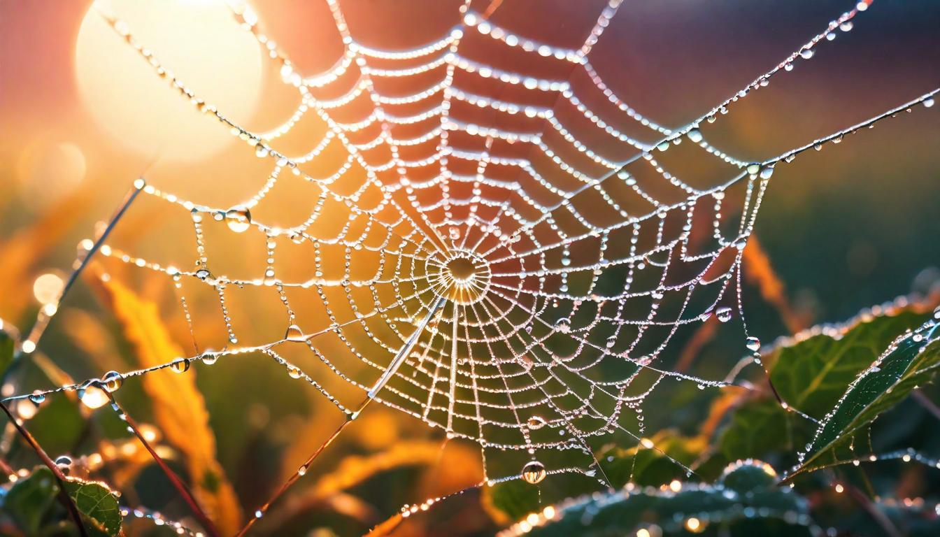  retro futuristic Tiny droplets of dew on a spider's web at dawn, each reflecting the rising sun, symbolizing small acts of kindness illuminating the world, the web's delicate strength portraying support and connection lvintage sci fi, 50s and 60s style, atomic age, vibrant, highly detailed