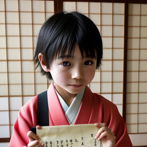  A Japanese kid holding a scroll that’s opened