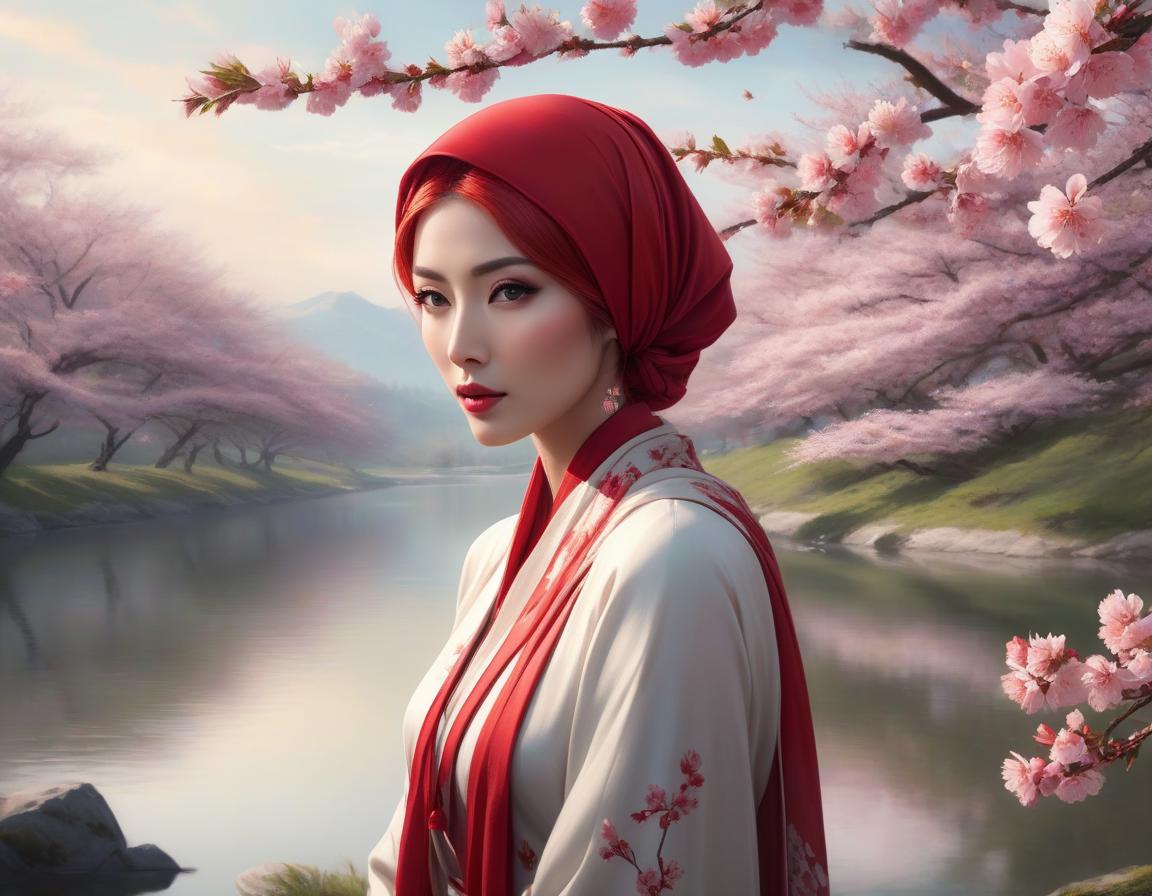  concept art A digital art portrait of a woman with a red headscarf, cherry blossoms in her hair, and serene landscape in the background. . digital artwork, illustrative, painterly, matte painting, highly detailed hyperrealistic, full body, detailed clothing, highly detailed, cinematic lighting, stunningly beautiful, intricate, sharp focus, f/1. 8, 85mm, (centered image composition), (professionally color graded), ((bright soft diffused light)), volumetric fog, trending on instagram, trending on tumblr, HDR 4K, 8K