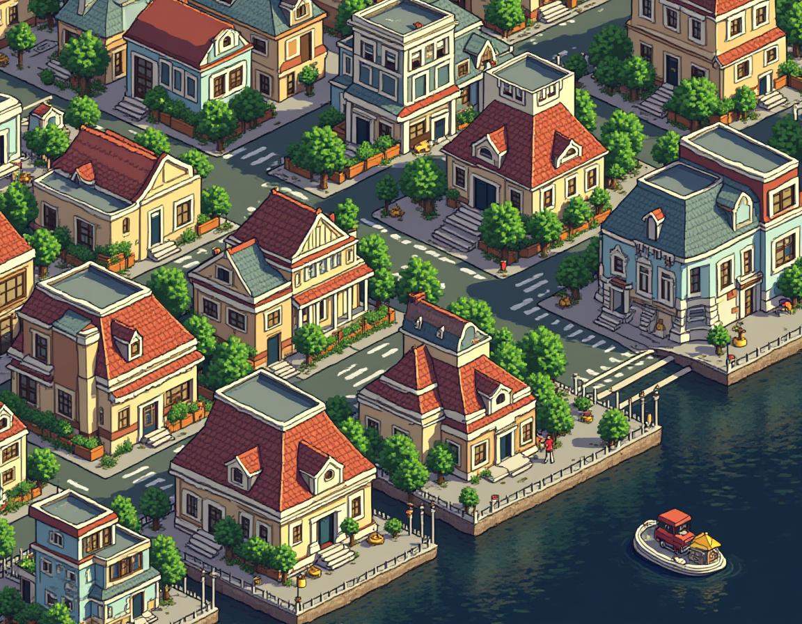  good quality, high quality, 16bit pixel art, isometric, city, day, street, houses,