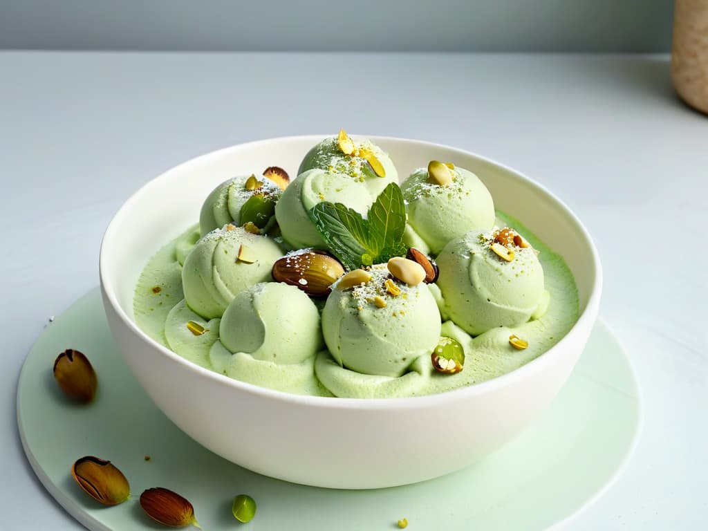  A minimalistic image of a perfectly scooped, vibrant green matcha ice cream, topped with a sprinkle of crushed pistachios and a single fresh mint leaf, all set on a sleek, white ceramic bowl with a soft shadow underneath, against a clean, neutral background. hyperrealistic, full body, detailed clothing, highly detailed, cinematic lighting, stunningly beautiful, intricate, sharp focus, f/1. 8, 85mm, (centered image composition), (professionally color graded), ((bright soft diffused light)), volumetric fog, trending on instagram, trending on tumblr, HDR 4K, 8K