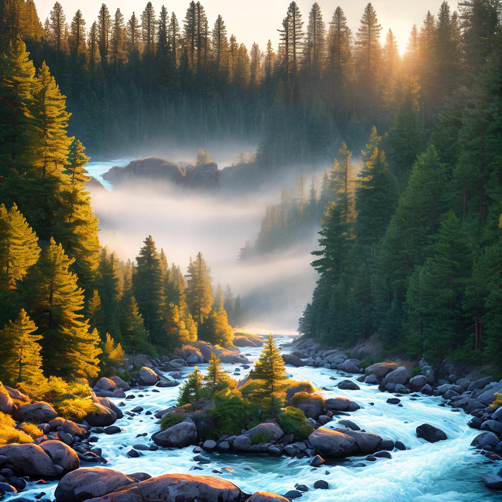  A breathtaking masterpiece of a serene landscape with a flowing river, tall pine trees, and a captivating sunset. This high detailed, ultra-detailed scene is in 8k resolution for the best quality. The main subject of the scene is the flowing river. hyperrealistic, full body, detailed clothing, highly detailed, cinematic lighting, stunningly beautiful, intricate, sharp focus, f/1. 8, 85mm, (centered image composition), (professionally color graded), ((bright soft diffused light)), volumetric fog, trending on instagram, trending on tumblr, HDR 4K, 8K