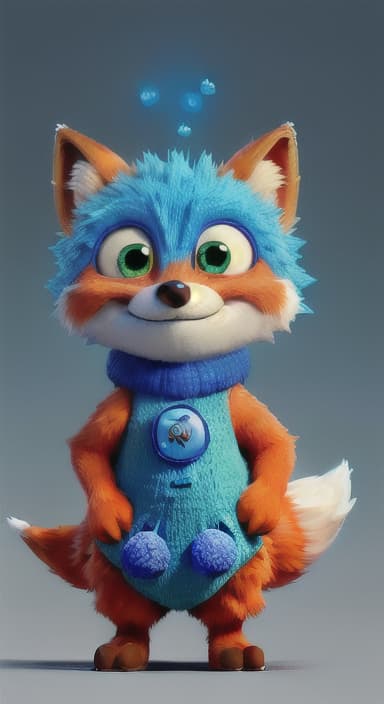  {Error the fox pressing the blue button with his paw, looking puzzled as nothing occurs., Error is a small, bright orange fox with a fluffy tail and big, inquisitive eyes. He has a mischievous yet kind expression and wears a tiny green scarf.