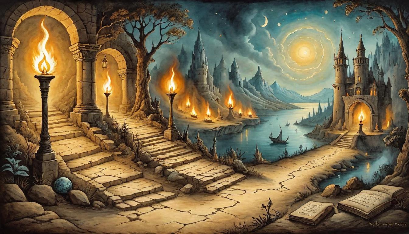  on parchment, surrealism+++, An ancient path illuminated by torches, footsteps leading into the future, guided by the wisdom of the past, historic, enlightening journey(mysterious, provocative, symbolic,muted color)+++