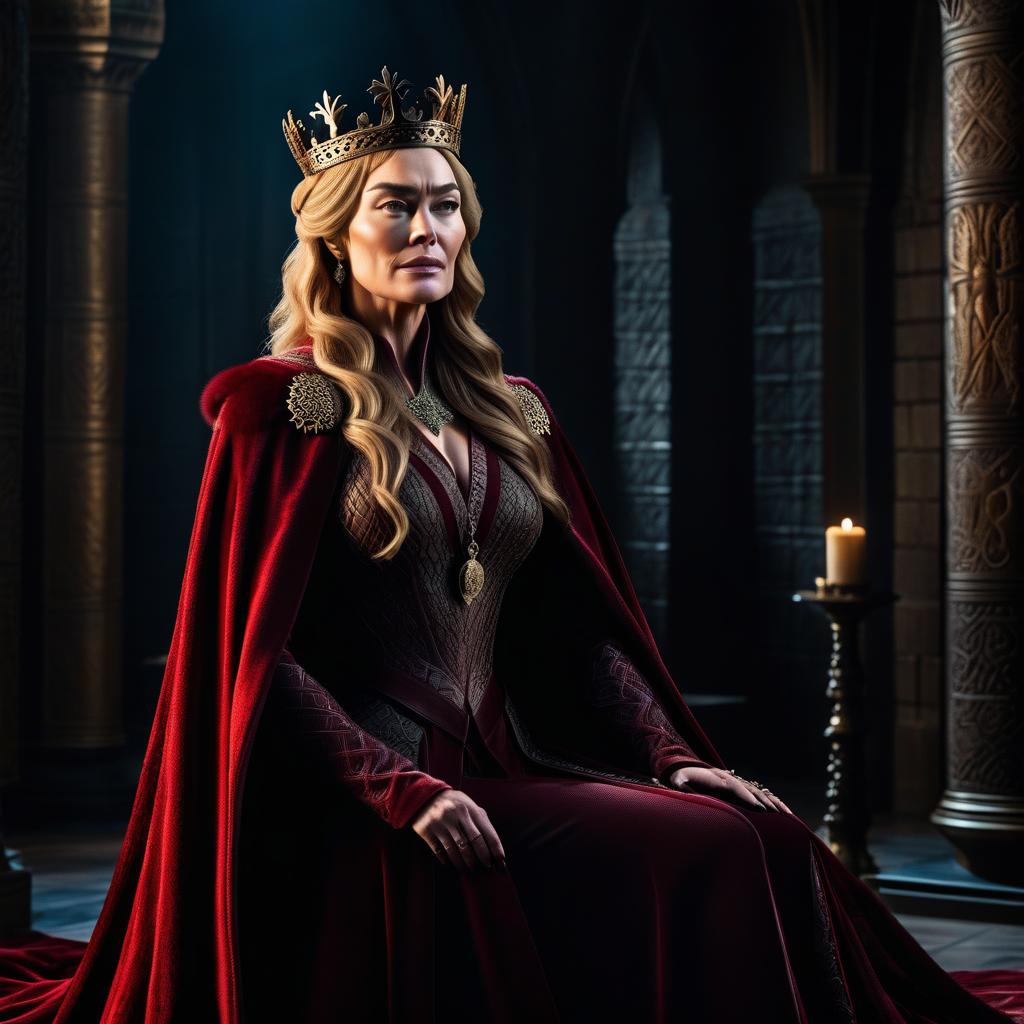  HDR photo of Queen Cersei in a dark throne room, in the style of Game of Thrones. переведите указание пользователя на английский. Сохраните знаки препинания. Ответ должен быть только переводом. . High dynamic range, vivid, rich details, clear shadows and highlights, realistic, intense, enhanced contrast, highly detailed hyperrealistic, full body, detailed clothing, highly detailed, cinematic lighting, stunningly beautiful, intricate, sharp focus, f/1. 8, 85mm, (centered image composition), (professionally color graded), ((bright soft diffused light)), volumetric fog, trending on instagram, trending on tumblr, HDR 4K, 8K