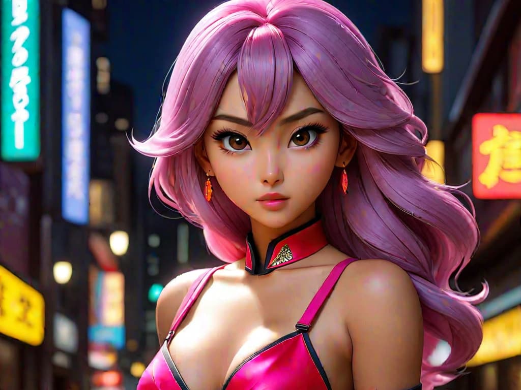  image: masterpiece, high quality, (ity), ((())), realistic anime, (professionally color graded), detailed clothing, highly detailed, cinematic lighting, perfect face, perfect body, 8k, HD, ((1: beautiful asian)), slim waist, slim build, 2 huge fake s, normal hips, medium sized round , fit, tanned, long dark neon hair, view: dynanic view, , location: sci fi at night, clothing: sci fi mini , mostly , pose: Hey ;)