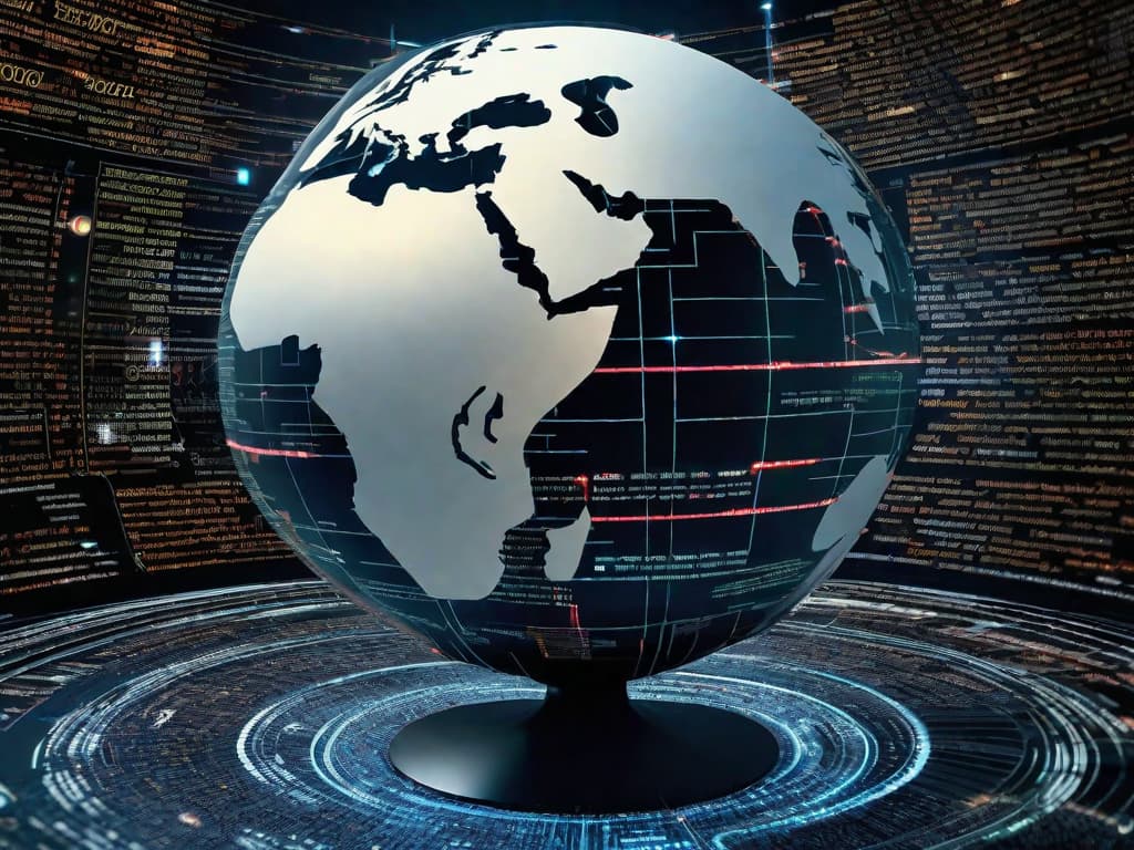  A globe surrounded by computer code, with binary numbers and circuit patterns intertwining with each other, symbolizing the interconnectedness of artificial intelligence and nuclear capabilities. The image conveys the potential for unintended consequences and the need for human oversight in managing these powerful technologies. digital art, ilustration, no flares, clean hyperrealistic, full body, detailed clothing, highly detailed, cinematic lighting, stunningly beautiful, intricate, sharp focus, f/1. 8, 85mm, (centered image composition), (professionally color graded), ((bright soft diffused light)), volumetric fog, trending on instagram, trending on tumblr, HDR 4K, 8K