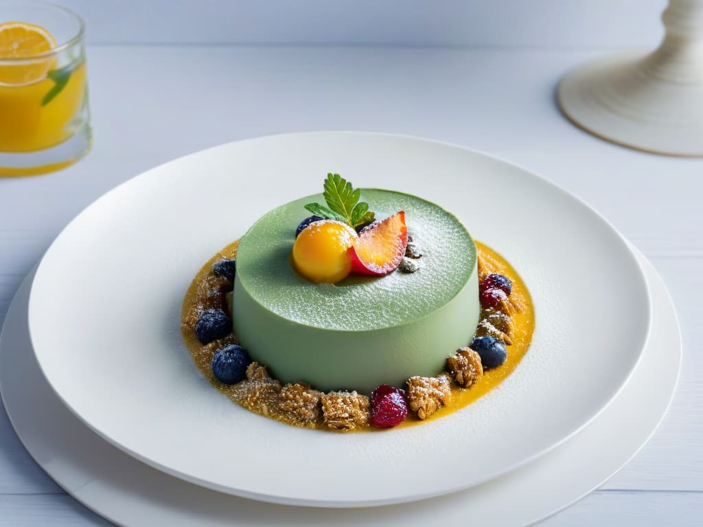  A serene, minimalistic image of a delicately plated dessert with vibrant colors and intricate details, set against a simple, clean background to evoke a sense of calm and sophistication. hyperrealistic, full body, detailed clothing, highly detailed, cinematic lighting, stunningly beautiful, intricate, sharp focus, f/1. 8, 85mm, (centered image composition), (professionally color graded), ((bright soft diffused light)), volumetric fog, trending on instagram, trending on tumblr, HDR 4K, 8K