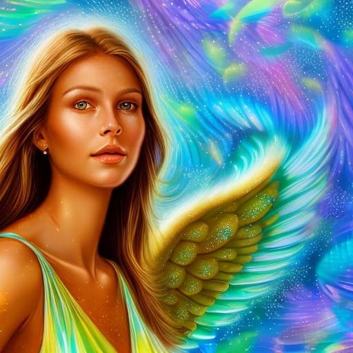 portrait+ style Angel Guardian Wings woman with beautyful 4D high Definition sparkle diamonds blue eyes long hair smile turkis green Yellow blue rose dance