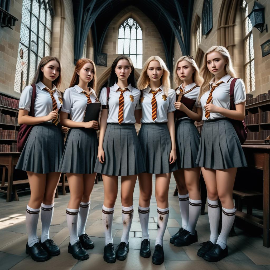  The female students of Hogwarts are clearly visible in short dresses, with small breasts, punishment marks on their trousers, tears streaming down their cheeks, real photo, realism, wide-angle camera, panoramic photo.
