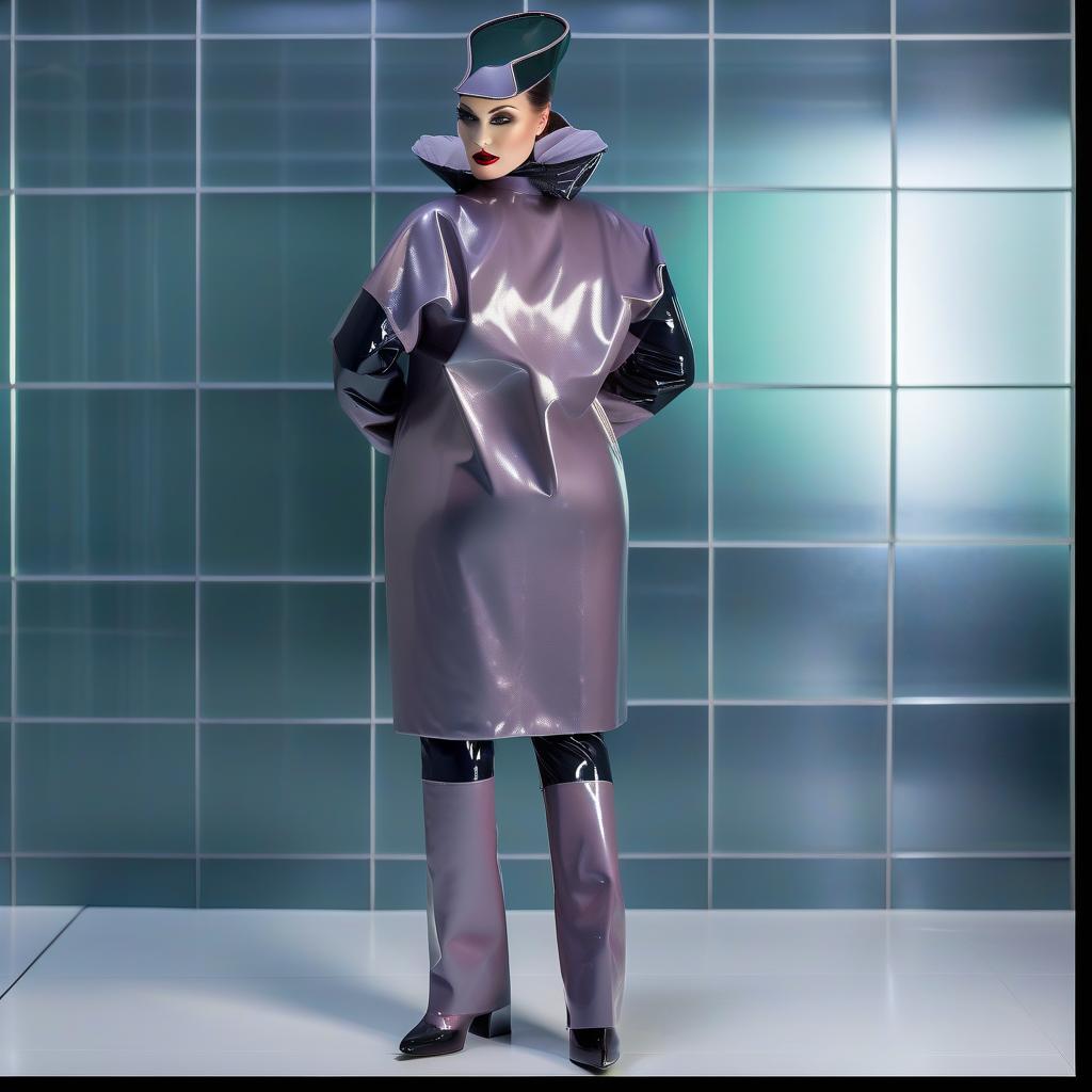  (Extremely detailed), (standing alone female surgeon) in (shiny latex: 1.2) (dark green: 1.3) and (dark blue: 1.3), (full height: 1.2), (front view: 1.2), (profile: 1.2), stands alone in a changing room of the waiting room in the operating theater, with no one else around • Detailed description: (colors and details of the surgeon's outfit, only available in two toned execution: • shiny latex • dark green and dark blue, • no other colors) • Surgical attire: (bright silver latex. Surgical gown with straight cut: 1.3), (fits around the waist: 1.3), (length to the knee: 1.3), (closed collar: 1.3), (without pockets: 1.3), (elastic pleats on the waist: 1.3), (long sleeved gloves made of shiny latex: 1.3), (cuffs on elastic bands: 1.3) hyperrealistic, full body, detailed clothing, highly detailed, cinematic lighting, stunningly beautiful, intricate, sharp focus, f/1. 8, 85mm, (centered image composition), (professionally color graded), ((bright soft diffused light)), volumetric fog, trending on instagram, trending on tumblr, HDR 4K, 8K