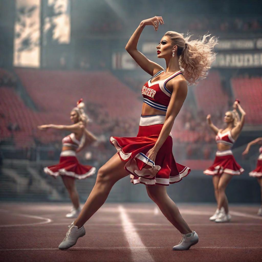  Cheerleader hyperrealistic, full body, detailed clothing, highly detailed, cinematic lighting, stunningly beautiful, intricate, sharp focus, f/1. 8, 85mm, (centered image composition), (professionally color graded), ((bright soft diffused light)), volumetric fog, trending on instagram, trending on tumblr, HDR 4K, 8K