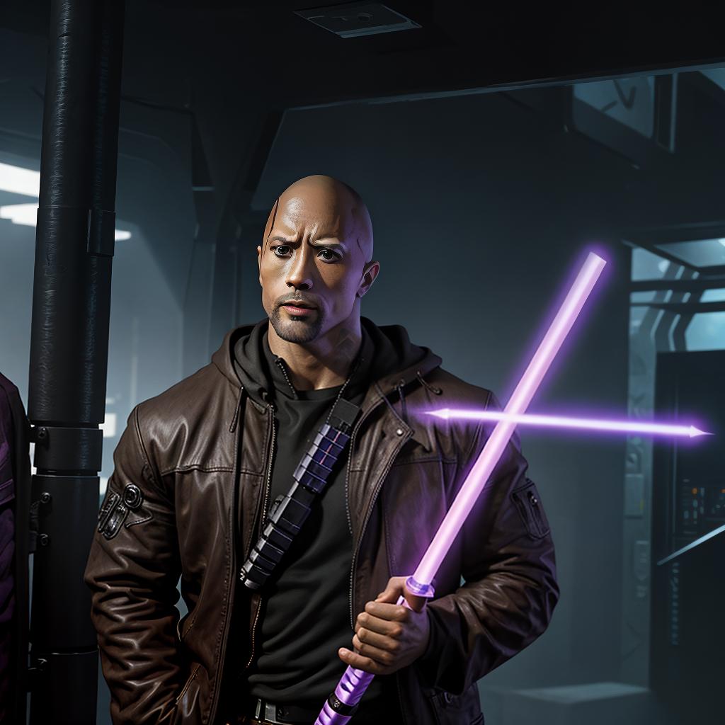  in a cyberpunk setting, dwayne johnson holding a purple lightsaber wearing brown jedi robes, concept art, ultra realistic