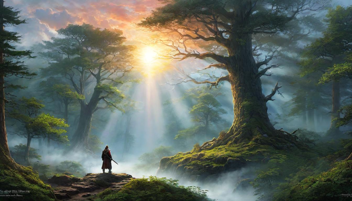  digital illustration A forest clearing, sunrise piercing through mist, unveiling ancient trees, revelation, unveiled secrets, eternal wisdom, serene awakening, portals of understanding looking at viewer, dynamic pose, (intricate details, masterpiece, best quality)