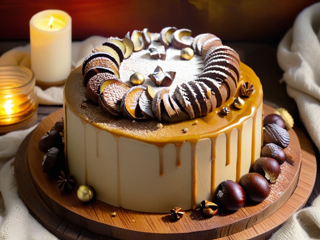  A closeup, photorealistic image of a decadent chestnut cake with layers of moist chestnut sponge, creamy chestnut frosting, and garnished with glazed chestnuts and edible gold leaf. The cake is displayed on a rustic wooden table, surrounded by scattered whole and cracked chestnuts, a sprig of fresh rosemary, and a dusting of powdered sugar. The lighting is soft and warm, highlighting the textures and colors of the dessert, inviting the viewer to indulge in the rich flavors and comforting aroma of chestnuts. hyperrealistic, full body, detailed clothing, highly detailed, cinematic lighting, stunningly beautiful, intricate, sharp focus, f/1. 8, 85mm, (centered image composition), (professionally color graded), ((bright soft diffused light)), volumetric fog, trending on instagram, trending on tumblr, HDR 4K, 8K