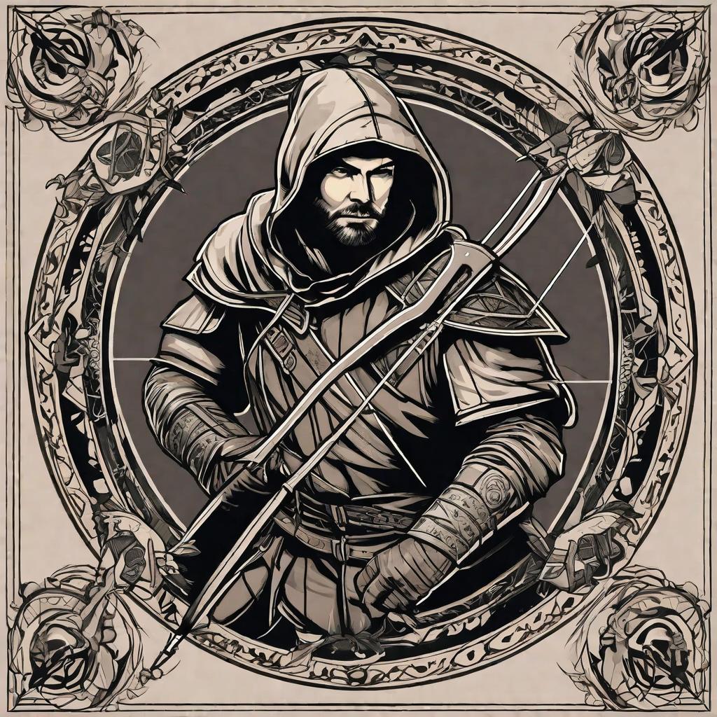  masterpiece, best quality, Dark assassin Robin Hood with bow and arrow tattoo