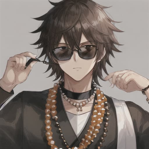  man, African American appearance, black-white Japanese outfit, brown hair, black square sunglasses, beads on his neck