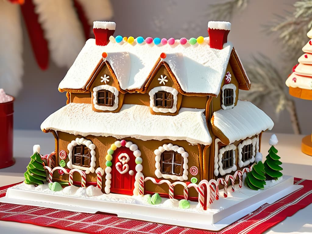  An ultradetailed image of a beautifully decorated gingerbread house, intricately designed with colorful icing, candy canes, gumdrops, and snowlike frosting, set against a backdrop of a winter wonderland with gently falling snowflakes. The attention to detail in the house's architecture and the festive decorations creates a captivating scene that evokes the holiday spirit and the joy of traditional Christmas desserts from around the world. hyperrealistic, full body, detailed clothing, highly detailed, cinematic lighting, stunningly beautiful, intricate, sharp focus, f/1. 8, 85mm, (centered image composition), (professionally color graded), ((bright soft diffused light)), volumetric fog, trending on instagram, trending on tumblr, HDR 4K, 8K