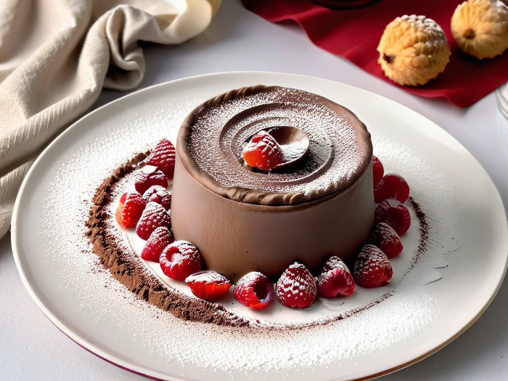  A closeup, highresolution image of a vibrant and decadent dairyfree chocolate mousse topped with fresh raspberries and a dusting of cocoa powder, presented elegantly on a sleek, minimalist white plate. The smooth texture of the mousse reflects light beautifully, showcasing its richness, while the bright red raspberries provide a pop of color and freshness, creating a visually appealing and appetizing composition. hyperrealistic, full body, detailed clothing, highly detailed, cinematic lighting, stunningly beautiful, intricate, sharp focus, f/1. 8, 85mm, (centered image composition), (professionally color graded), ((bright soft diffused light)), volumetric fog, trending on instagram, trending on tumblr, HDR 4K, 8K