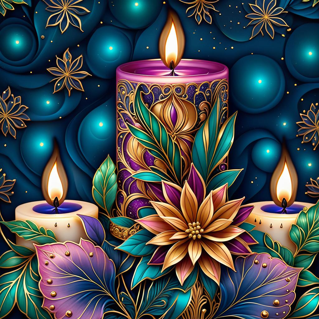  zentangle (Background):Dark blue night sky. In the sky turquoise golden stars and emerald fireworks. There are three candles on the background of the night sky. In the centre one is tall, on the sides wide and lower. (First candle decor)::pink framed with gold patterns and swirls of drops. In the middle of the candle is a flower bud and stem with emerald coloured leaves. Under the flower the candle is tied with a ribbon of blue blue colour. (Second and third candle decor):purple colour, framed with golden drops. In the middle is a purple coloured flower bud and stems with emerald coloured leaves. Zentangle have the signature uneven edge and rounded corners. The original tiles are in the form of geometric shapes: square, triangle, rectangle  hyperrealistic, full body, detailed clothing, highly detailed, cinematic lighting, stunningly beautiful, intricate, sharp focus, f/1. 8, 85mm, (centered image composition), (professionally color graded), ((bright soft diffused light)), volumetric fog, trending on instagram, trending on tumblr, HDR 4K, 8K