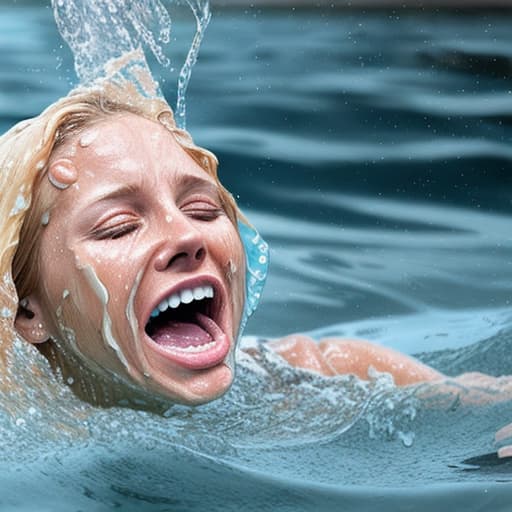  tanned blonde woman's face is in the water she's drowning she's screaming and panic a lot of water waves and splashes around her