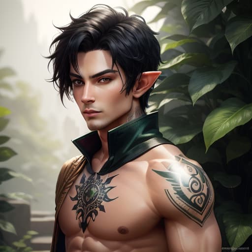  half-elf, male, ranger, short black hair, green eyes, tattoos, toned build, hyperrealistic, high quality, highly detailed, perfect lighting, intricate, sharp focus, f/1. 8, 85mm, (centered image composition), (professionally color graded), ((bright soft diffused light)), trending on instagram, HDR 4K, 8K