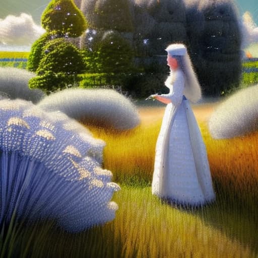 wa-vy style Tall grass and queen Anne’s lace. Lady’s dressed in white cotton Victorian style dresses carrying Parasols orange poppies are growing in the field sky is blue with white clouds sun is streaming down looks like impressionistic painting vivid color dream like