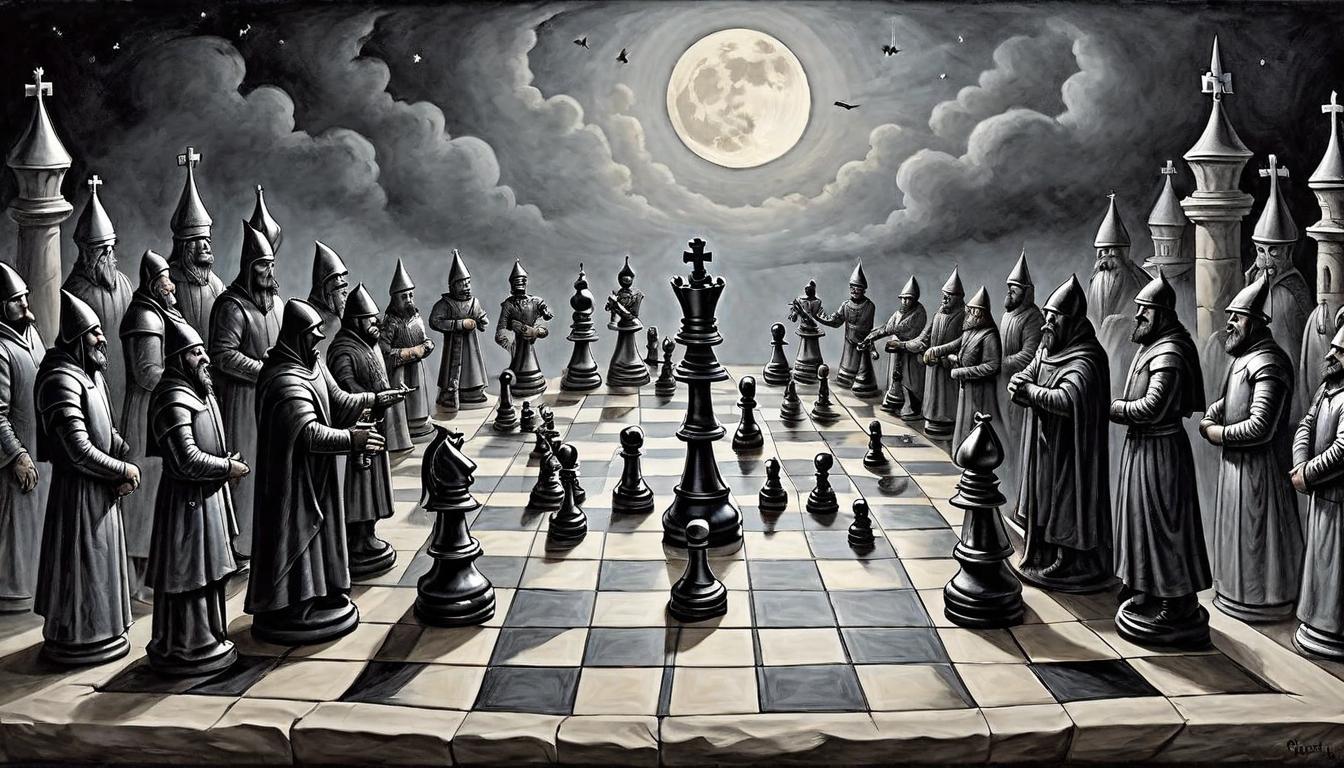  on parchment, surrealism+++, A chessboard under a veiled moonlight, pieces arranged in confrontation, enigmatic shadows cast long, complex strategies visualized, pawns and knights in a dance of power and manipulation, silver and obsidian chess pieces, scene captures a silent battle of wits, emblematic of underlying tensions, intricately carved figures imply depth of the struggle(mysterious, provocative, symbolic,muted color)+++