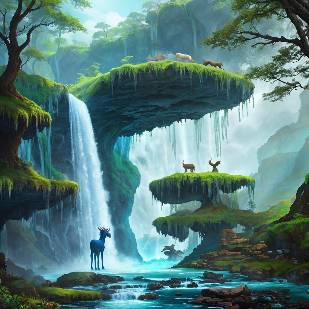  in a fantasy setting, Paint a surreal landscape where mythical beasts roam amidst cascading waterfalls.