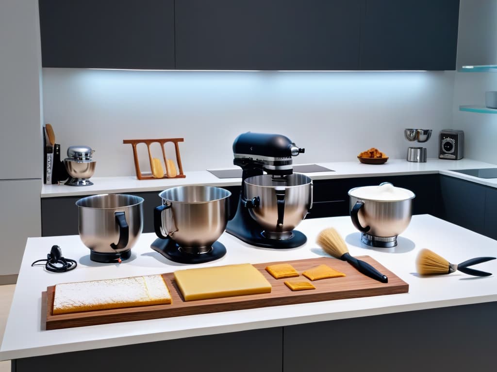  A minimalistic image of a sleek, modern kitchen filled with highend baking equipment such as stand mixers, piping bags, pastry brushes, and precision tools neatly organized on pristine countertops. The image should convey a sense of professionalism and sophistication, inspiring readers to elevate their baking skills with online courses on advanced pastry techniques. hyperrealistic, full body, detailed clothing, highly detailed, cinematic lighting, stunningly beautiful, intricate, sharp focus, f/1. 8, 85mm, (centered image composition), (professionally color graded), ((bright soft diffused light)), volumetric fog, trending on instagram, trending on tumblr, HDR 4K, 8K