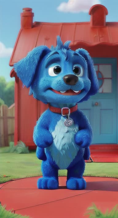  {Max the big blue dog standing in front of a cozy little house with a red door, The big blue dog is large with sky blue fur, big round eyes, a black nose, and floppy ears.