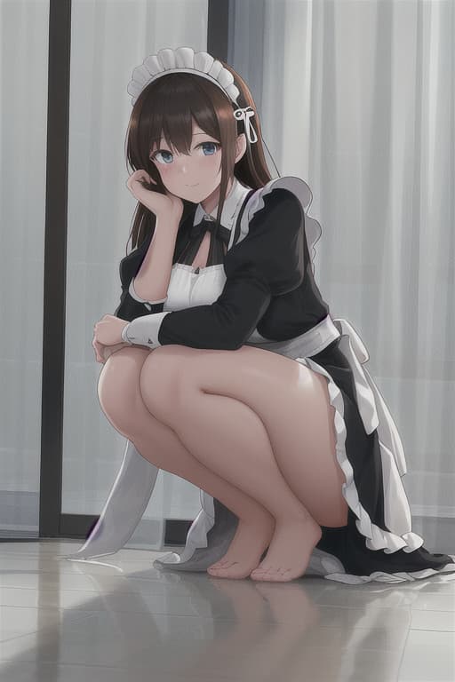  (score 9,score 8 up,score 7 up,),1girl,solo,maid,maid headdress,looking at viewer,apron,brown hair,indoors,black hair,bare foot,feet focus,two feet hyperrealistic, full body, detailed clothing, highly detailed, cinematic lighting, stunningly beautiful, intricate, sharp focus, f/1. 8, 85mm, (centered image composition), (professionally color graded), ((bright soft diffused light)), volumetric fog, trending on instagram, trending on tumblr, HDR 4K, 8K