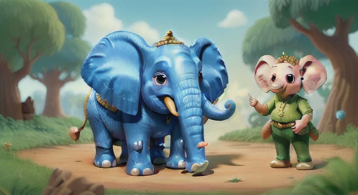  {The elephant responding to the fairy's hello with a big smile., The elephant is polite and joyful, showing its shiny tusks.