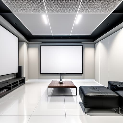  the project of a very very large rectangular basement without windows. the walls are white. the floor is tiled in a milky color. The basement is ten meters long and five meters wide. The ceiling is two meters and sixty centimeters high. There is a projector and a home theater on the left. On the right is a large leather sofa with two large armchairs. There's a table in the middle. hyperrealistic, full body, detailed clothing, highly detailed, cinematic lighting, stunningly beautiful, intricate, sharp focus, f/1. 8, 85mm, (centered image composition), (professionally color graded), ((bright soft diffused light)), volumetric fog, trending on instagram, trending on tumblr, HDR 4K, 8K