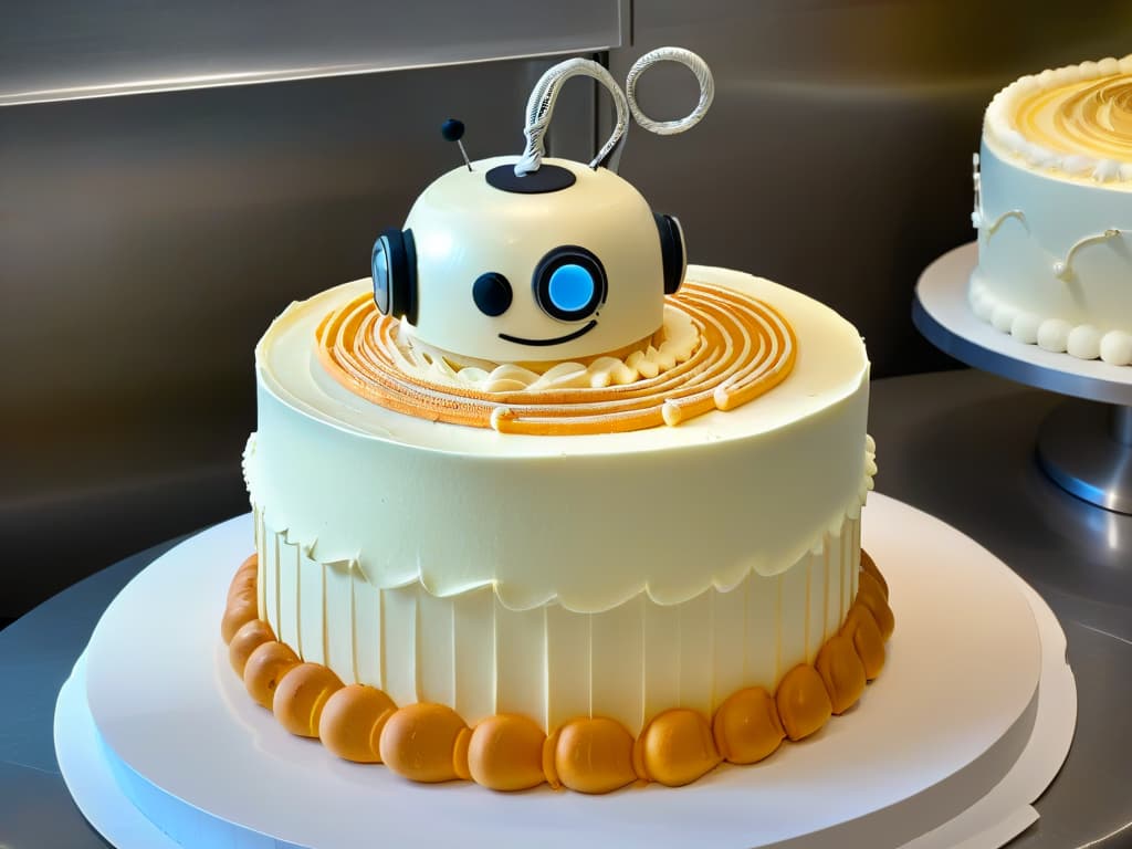  A closeup, ultradetailed image of a sleek, modern kitchen robot elegantly piping intricate swirls of frosting onto a perfectly crafted threetiered cake. The robot's metallic finish gleams under the soft, warm glow of overhead lights, highlighting its precision and efficiency in the art of pastry decoration. The smooth, glossy frosting cascades smoothly from the robot's nozzle, creating a mesmerizing pattern that showcases the seamless integration of technology and culinary artistry in the world of modern baking. hyperrealistic, full body, detailed clothing, highly detailed, cinematic lighting, stunningly beautiful, intricate, sharp focus, f/1. 8, 85mm, (centered image composition), (professionally color graded), ((bright soft diffused light)), volumetric fog, trending on instagram, trending on tumblr, HDR 4K, 8K