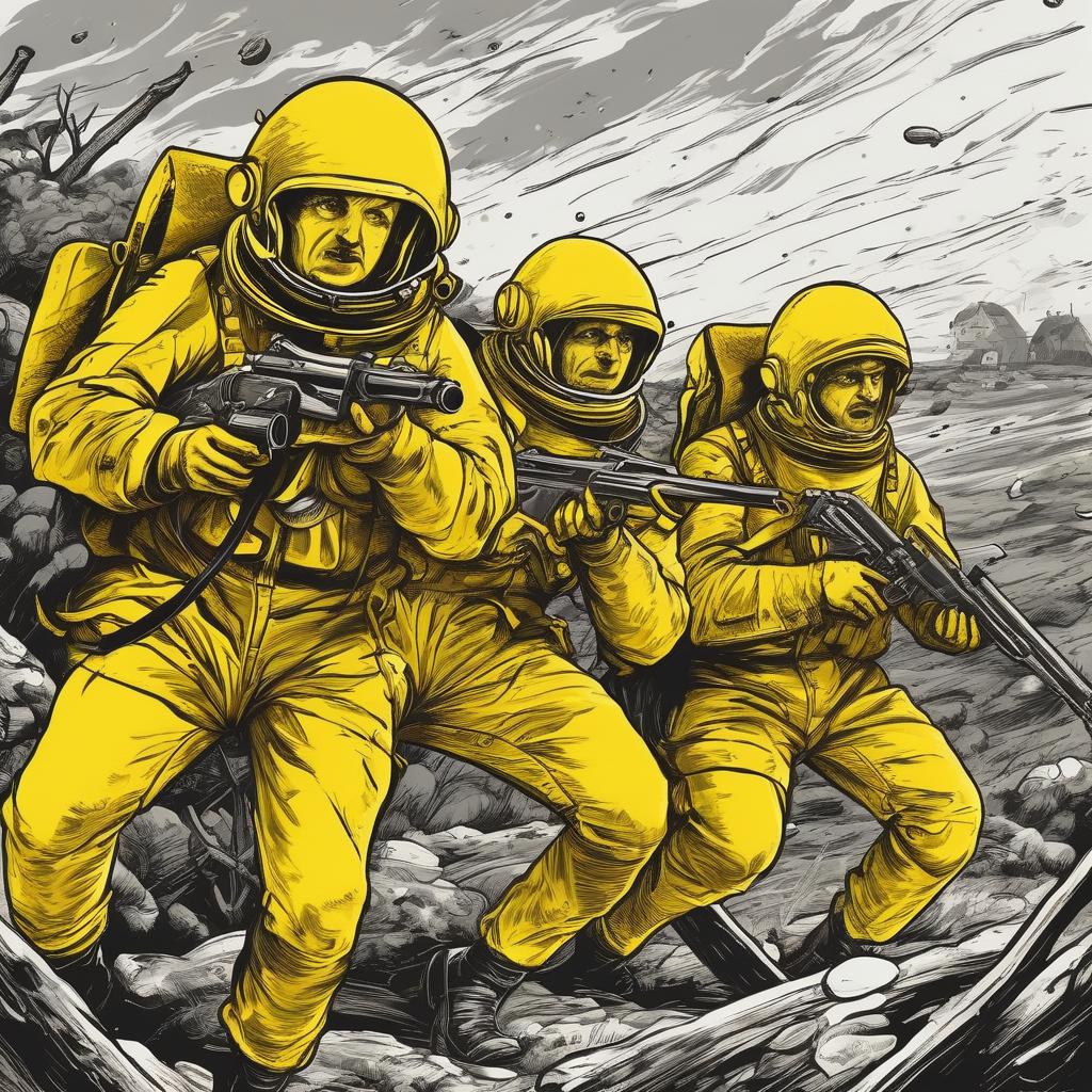  Astronauts in yellow suits. Astronauts in yellow suits shoot rifles. World War I. Germans against French. Battlefield, trenches, and explosions. Art style.