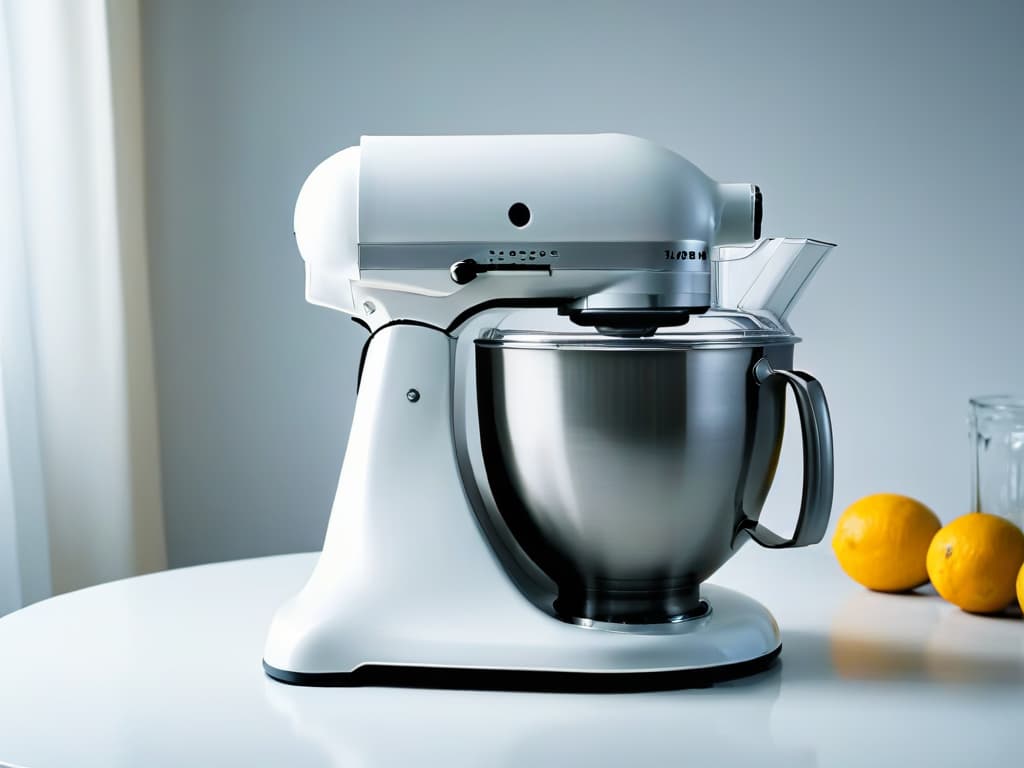  An image of a sleek, modern stand mixer in a pristine white color, showcasing its smooth surfaces and elegant design. The mixer is set against a soft, neutral background, with subtle lighting that highlights its contours and minimalistic appeal. The focus is on the clean lines and functionality of the appliance, conveying a sense of professionalism and sophistication ideal for a modern kitchen setting. hyperrealistic, full body, detailed clothing, highly detailed, cinematic lighting, stunningly beautiful, intricate, sharp focus, f/1. 8, 85mm, (centered image composition), (professionally color graded), ((bright soft diffused light)), volumetric fog, trending on instagram, trending on tumblr, HDR 4K, 8K