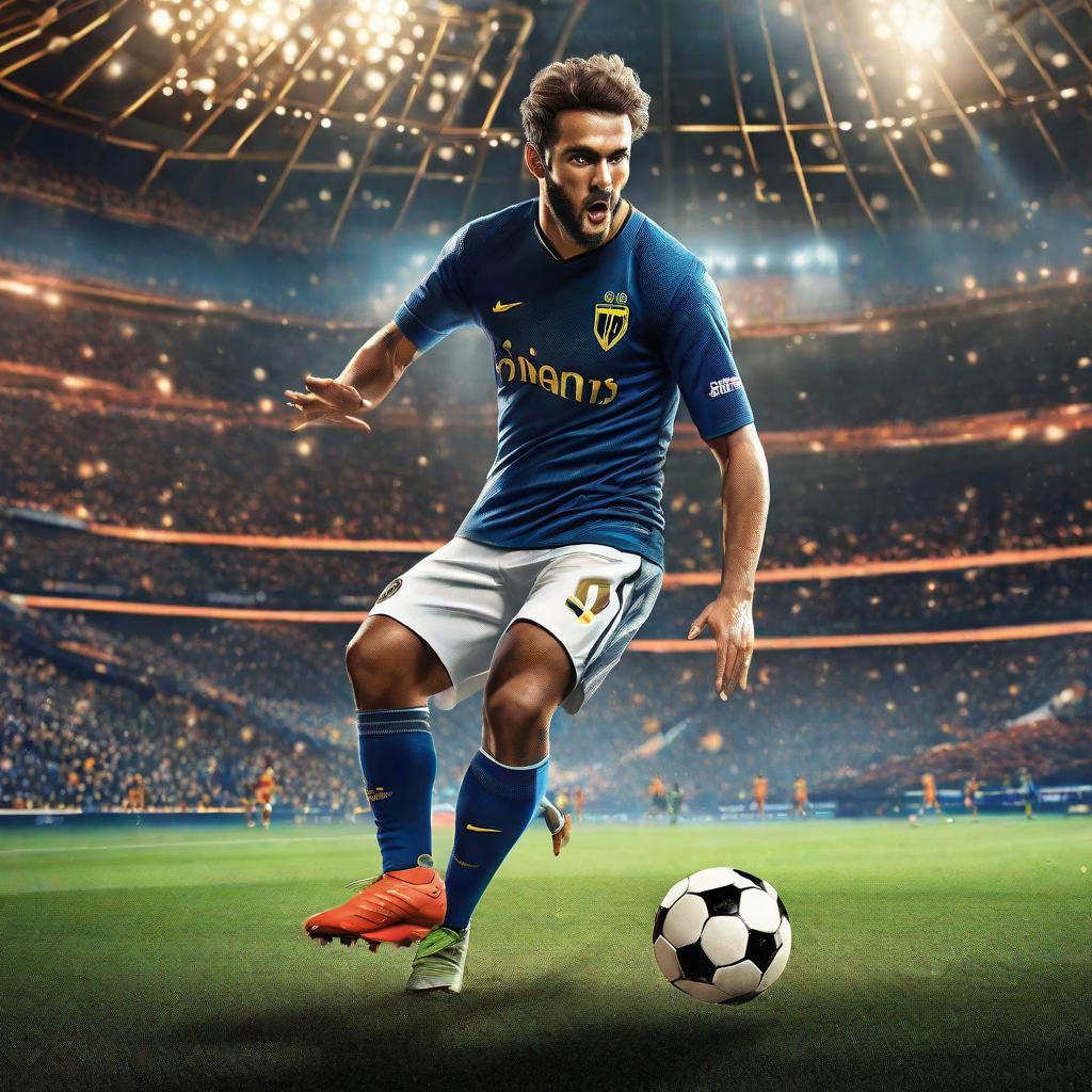  Masterpiece, best quality, a dynamic and eye-catching logo, featuring a soccer player in the middle of the action, kicking with precision and power.The players should be displayed in a realistic style, with sophisticated details capturing the intensity of the game.Surrounding the players, a vibrant stadium filled with cheering fans creates an electric ambience.The logo should be rendered in 3D, with emphasis on precise lighting and shadows to enhance realism. The final image can be implemented using 3D modeling software and rendered using high quality textures and materials.