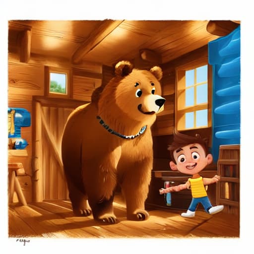  a boy with brown short hair and yellow shirt and blue jeans, a bear standing, in cabin