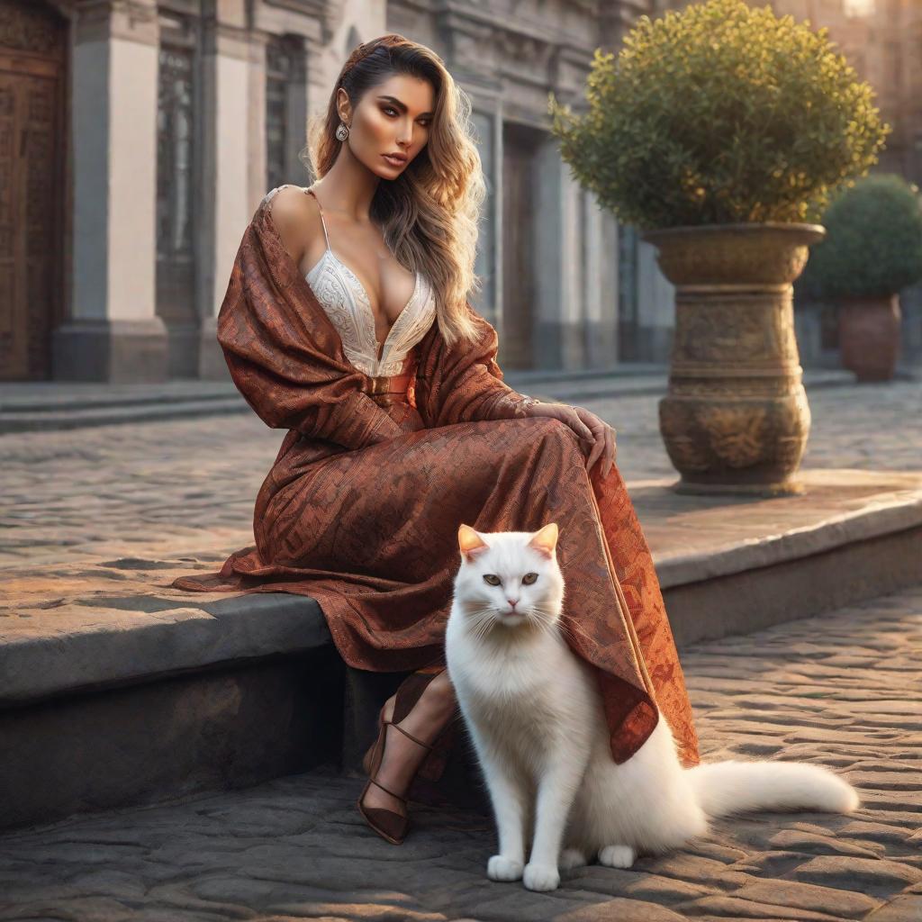  Digital lady with white cat hyperrealistic, full body, detailed clothing, highly detailed, cinematic lighting, stunningly beautiful, intricate, sharp focus, f/1. 8, 85mm, (centered image composition), (professionally color graded), ((bright soft diffused light)), volumetric fog, trending on instagram, trending on tumblr, HDR 4K, 8K