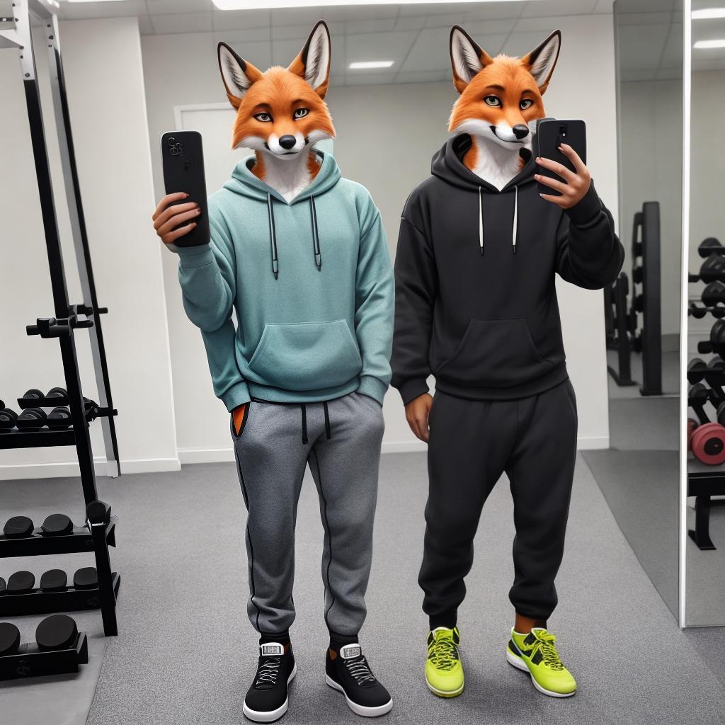  as a cinematic render, Anthro male fox, sweatshirt, sweatpants, in a gym, selfie, in mirror, smiling, full length portrait hyperrealistic, detailed clothing, 4K, 8K