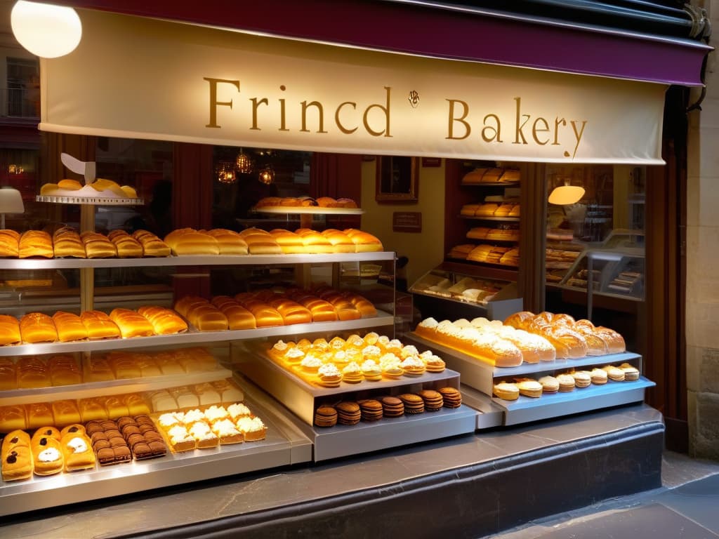  A photorealistic image of a bustling French bakery in Paris, with a wide variety of colorful and intricately designed pastries on display in the window. Customers of diverse backgrounds are seen inside, admiring the treats and engaging with the expert pastry chefs behind the counter. The warm glow of the shop's interior lights spills out onto the cobblestone street, creating a cozy and inviting atmosphere. hyperrealistic, full body, detailed clothing, highly detailed, cinematic lighting, stunningly beautiful, intricate, sharp focus, f/1. 8, 85mm, (centered image composition), (professionally color graded), ((bright soft diffused light)), volumetric fog, trending on instagram, trending on tumblr, HDR 4K, 8K