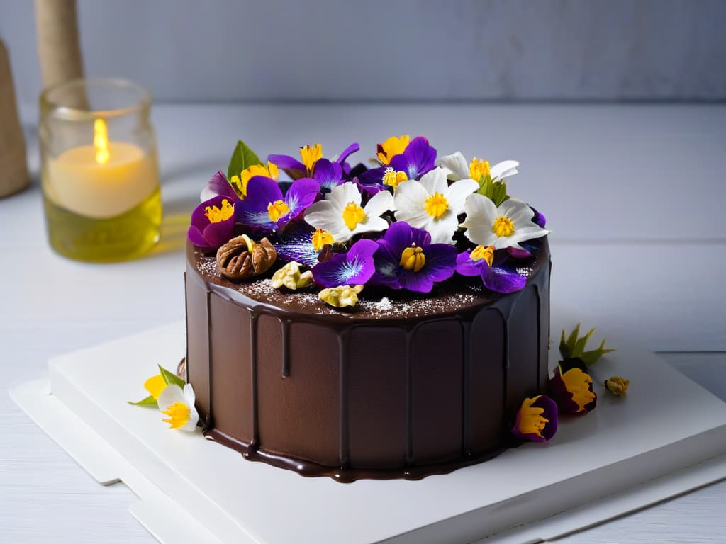  An 8k ultradetailed image of a decadent chocolate cake drizzled with rich, golden walnut oil, adorned with delicate walnut pieces and edible flowers, set on a sleek, modern white plate against a dark backdrop to highlight the luxurious and gourmet nature of using walnut oil in baking. hyperrealistic, full body, detailed clothing, highly detailed, cinematic lighting, stunningly beautiful, intricate, sharp focus, f/1. 8, 85mm, (centered image composition), (professionally color graded), ((bright soft diffused light)), volumetric fog, trending on instagram, trending on tumblr, HDR 4K, 8K