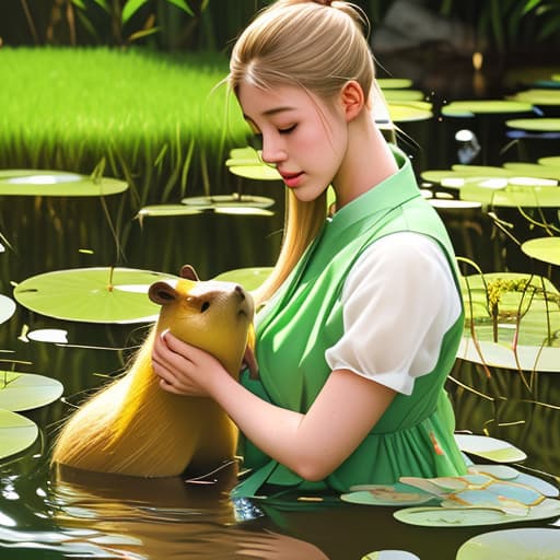  photo of a woman with a capybara next to a pond with lili pads