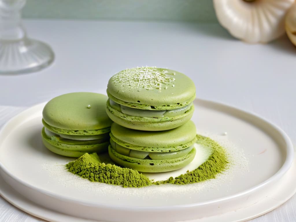  A closeup, ultradetailed image of a delicate matcha green tea macaron resting on a pristine white porcelain plate, showcasing its smooth, vibrant green shell and a perfectly piped creamy filling, with a sprinkle of matcha powder dusted on top for a touch of elegance. The natural light highlights the intricate texture of the macaron, emphasizing its precise structure and inviting color palette of green hues. hyperrealistic, full body, detailed clothing, highly detailed, cinematic lighting, stunningly beautiful, intricate, sharp focus, f/1. 8, 85mm, (centered image composition), (professionally color graded), ((bright soft diffused light)), volumetric fog, trending on instagram, trending on tumblr, HDR 4K, 8K